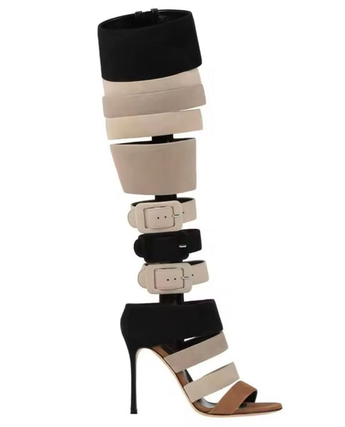 Women Fashion Suede Open Toe Buckled Knee High Sandals
