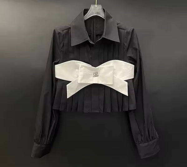 Women Collar Bow Full Sleeve Pleated Fashion Top
