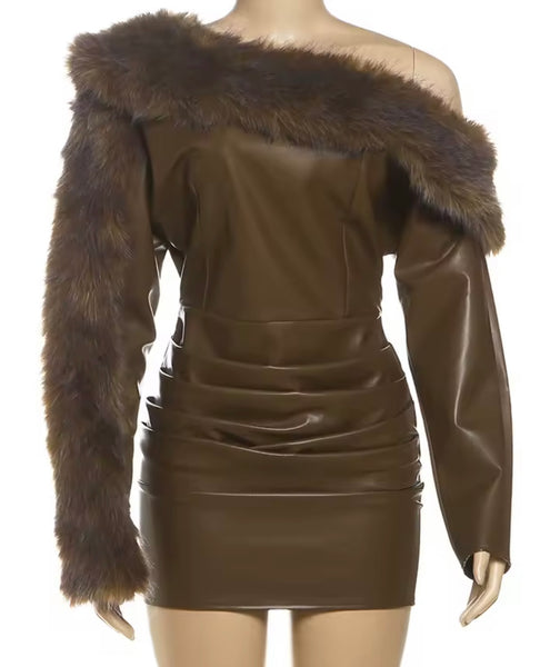Women Sexy Brown Fur Faux Leather Full Sleeve Ruched Dress
