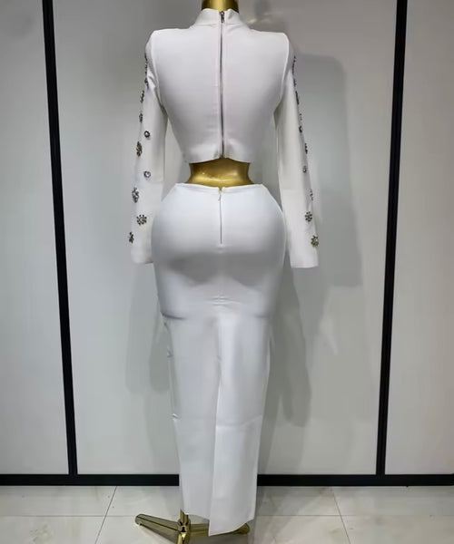 Women Sexy White Rhinestone Full Sleeve Two Piece Maxi Skirt Set