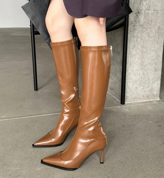 Women Fashion Pointed Toe Patent Leather Knee High Boots