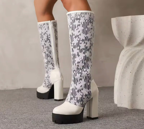 Women Fashion Color Floral Mesh Platform Knee High Boots