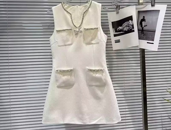 Women Sleeveless Rhinestone Patchwork Pocket Dress