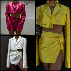 Women Sexy Satin Button Up Blazer Two Piece Skirt Set