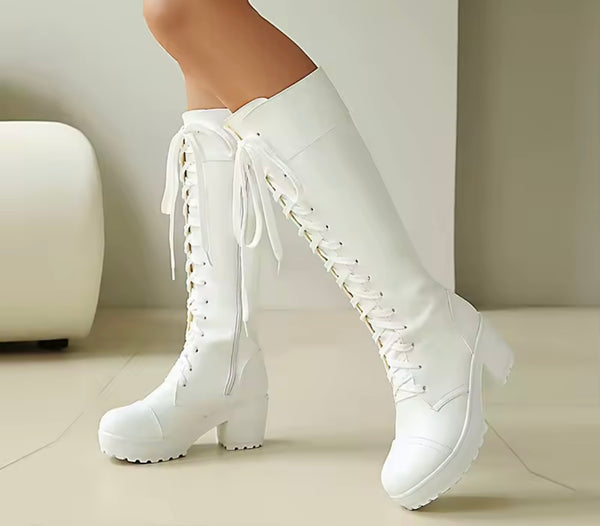 Women Fashion Faux Leather Tie Up Knee High Boots