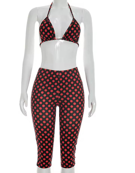 Women Sexy Fashion Polka Dot Crop Three Piece Capri Pant Set