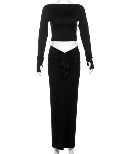 Women Sexy Black Full Sleeve Two Piece Ruched Maxi Skirt Set