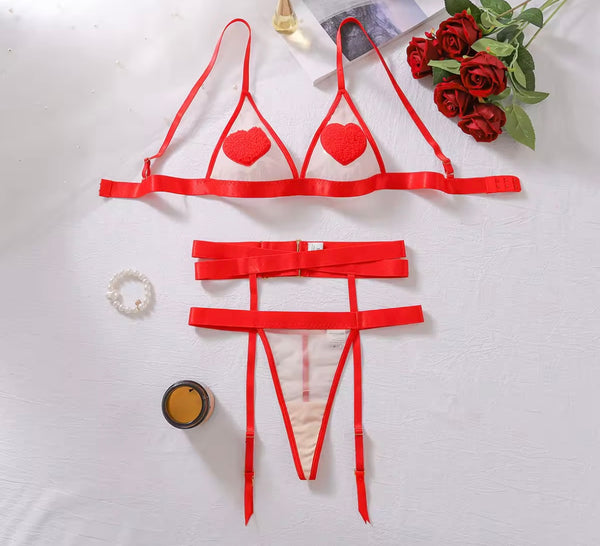Women Sexy Red Heart Mesh G-String Lingerie Set