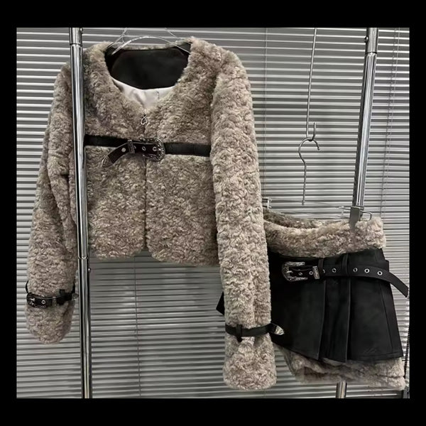 Women Fashion Fur Buckled Jacket Two Piece Skirt Set