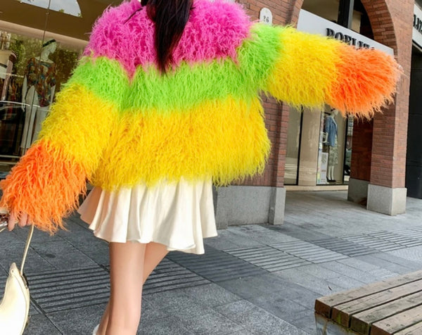 Women Fashion Multicolored Faux Fur Jacket