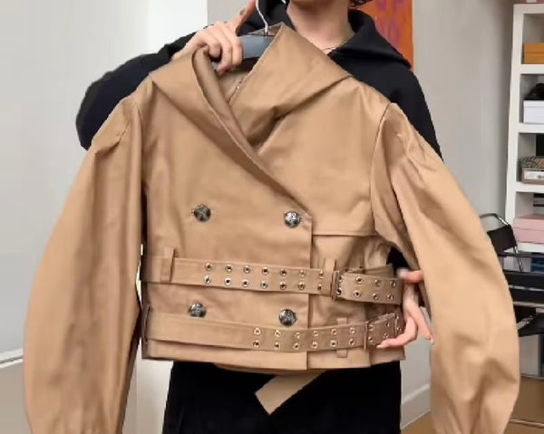 Women Fashion Khaki Buckle Long/Short Jacket