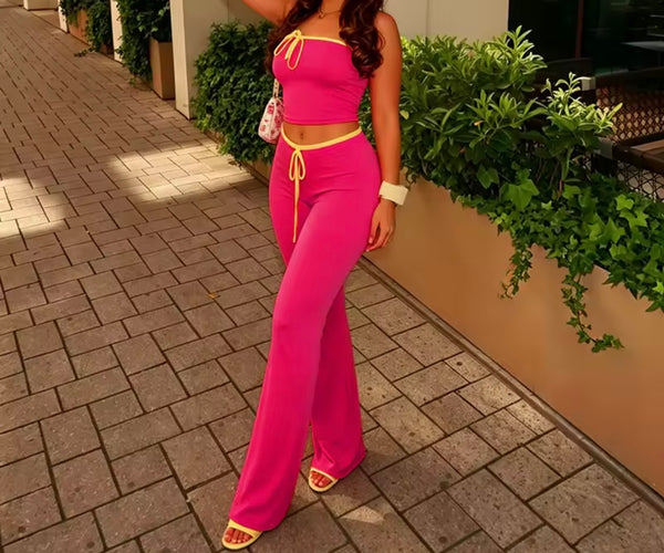 Women Sexy Tie Up Strapless Crop Two Piece Pant Set