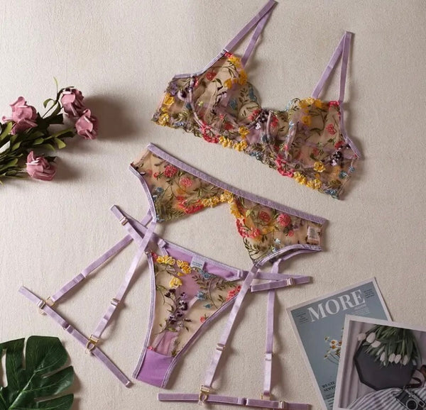 Women Sexy Colorful Floral Mesh Lingerie Set