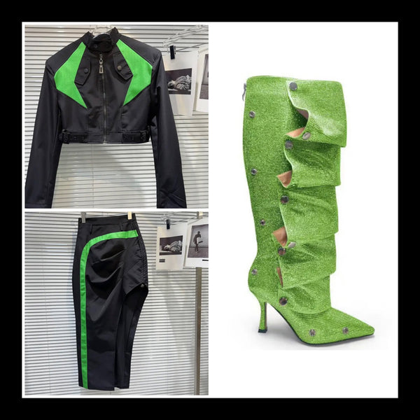 Women Sexy Fashion Two Piece Color Patchwork Jacket Skirt Set