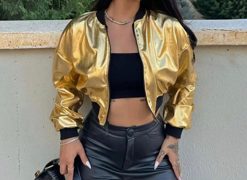 Women Fashion Metallic Color Patchwork PU Crop Jacket