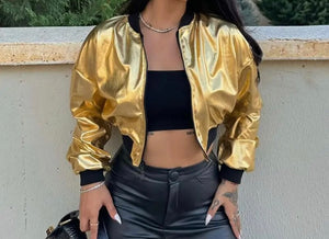 Women Fashion Metallic Color Patchwork PU Crop Jacket