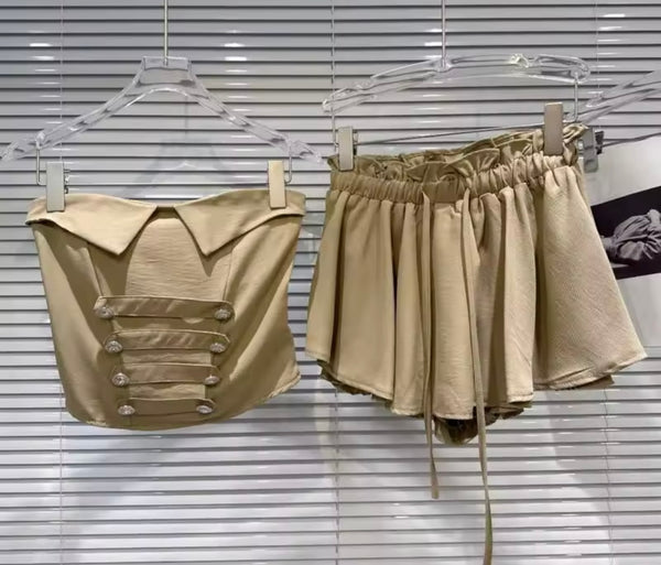 Women Button Strapless Fashion Two Piece Short Set