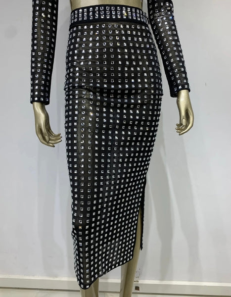 Women Sexy Black Bling Mesh Full Sleeve Crop Two Piece Maxi Skirt Set