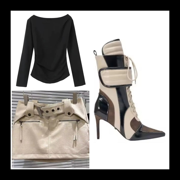 Women Color Patchwork Pointed Toe High Heel Strap Ankle Boots