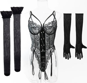Women Sexy Lace Tie Up Bodysuit Lingerie Set