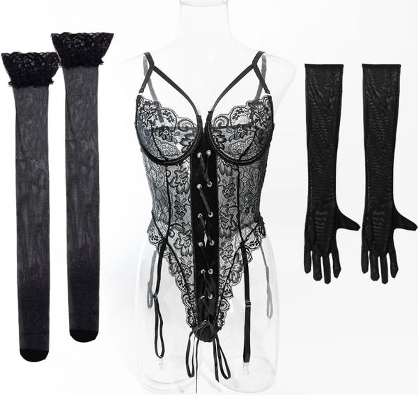 Women Sexy Lace Tie Up Bodysuit Lingerie Set