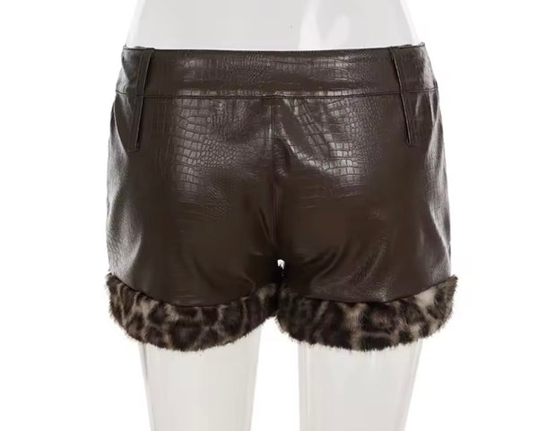 Women Fashion Leopard Fur Patchwork Faux Leather Shorts