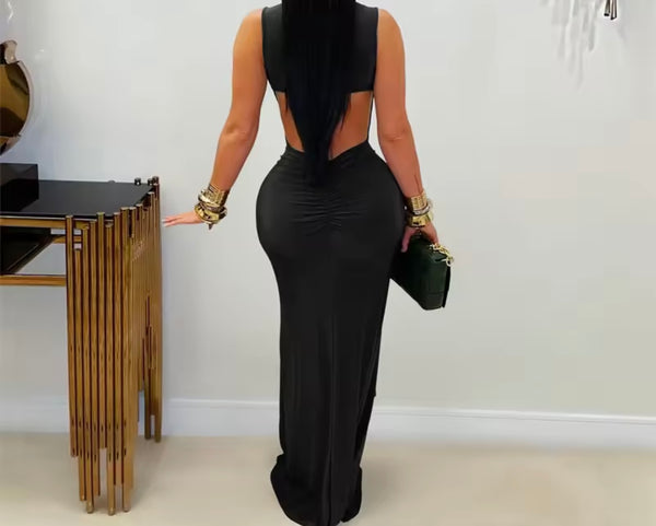 Women Sexy Sleeveless Open Back Metal Tassel Maxi Dress