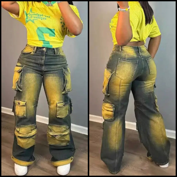 Women Fashion Yellow Paint Patchwork Cargo Denim Pants