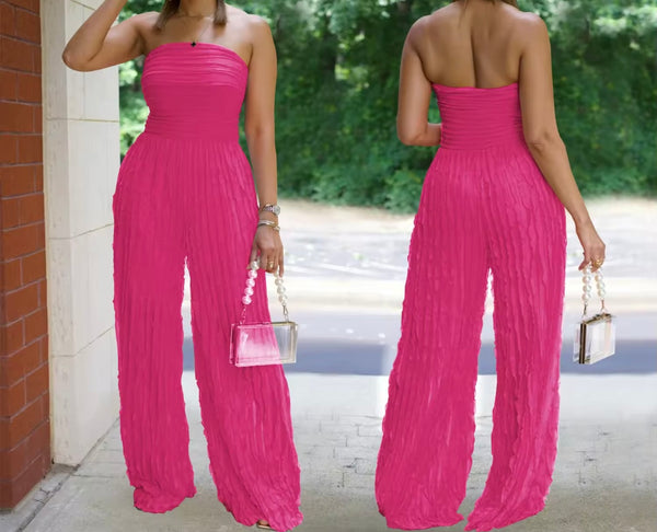 Women Sexy Strapless Color Pleated Jumpsuit