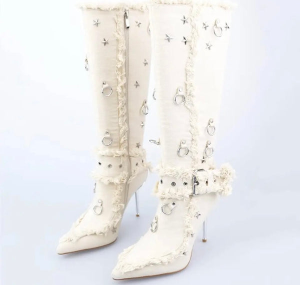 Women Fashion Fringe Star Buckled Denim Knee High Boots