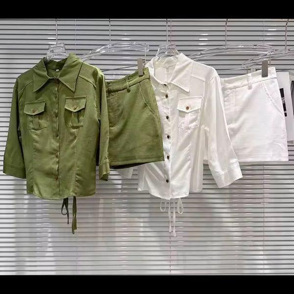 Women Fashion Collar Button Up Two Piece Skirt Set