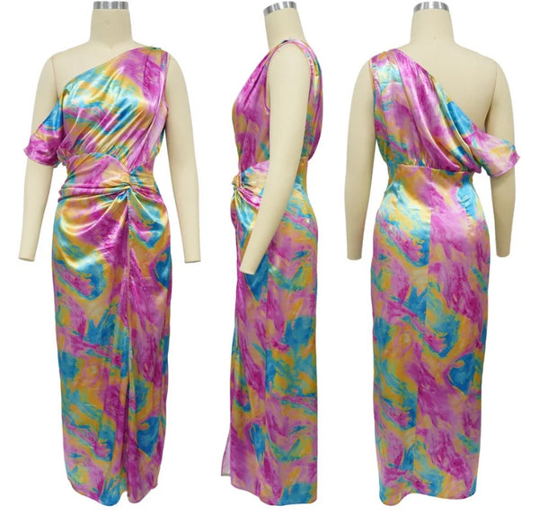 Women Sexy One Shoulder Sleeveless Multicolored Maxi Dress