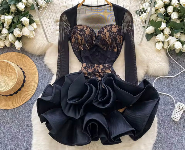 Women Sexy Lace Mesh Full Sleeve Ruffled Two Piece Skirt Set