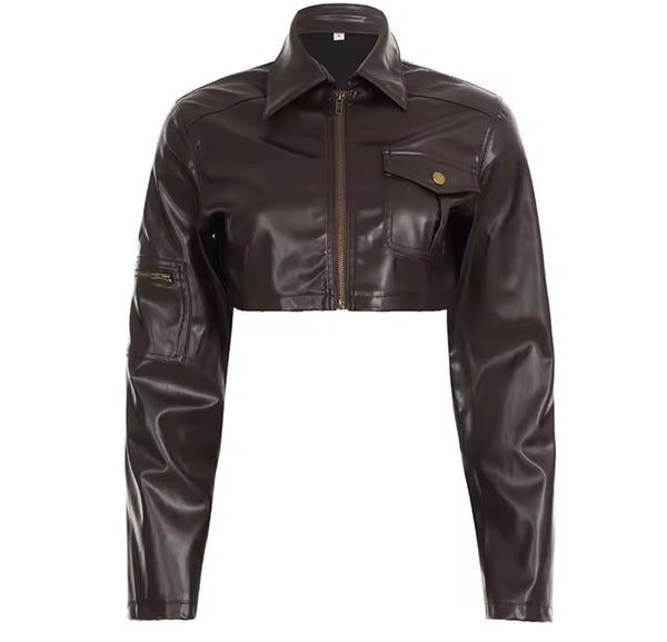 Women Brown Fashion Zip Up Faux Leather Crop Jacket