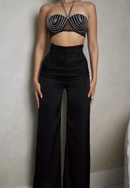 Women Sexy Black Rhinestone Two Piece Sleeveless Pant Set