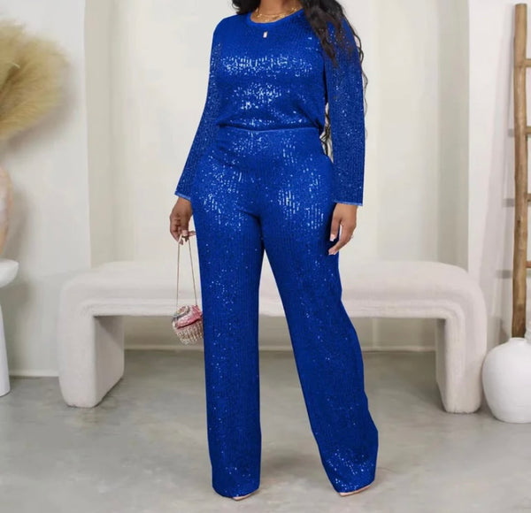 Women Sexy Solid Color Sequins Full Sleeve Two Piece Pant Set