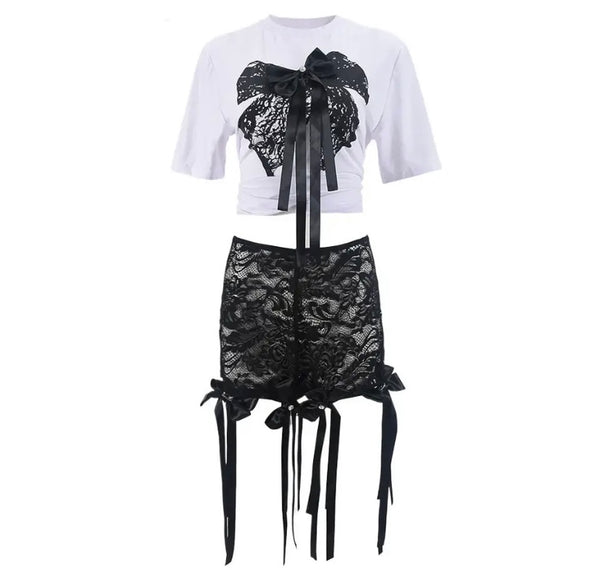 Women Sexy Fashion Short Sleeve Bow Lace Two Piece Short Set