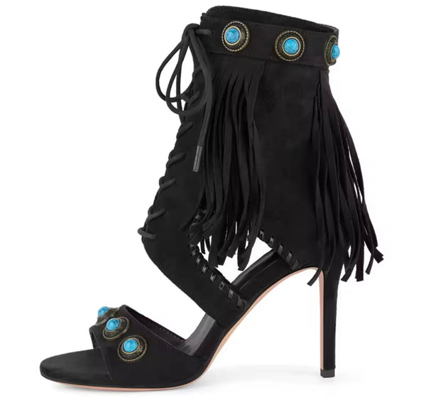 Women Open Toe Rivet Fringe Lace Up High Heel Ankle Boots