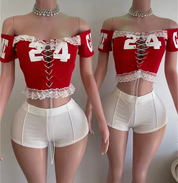 Women Off The Shoulder Short Sleeve Number Lace Tie Up Crop Top