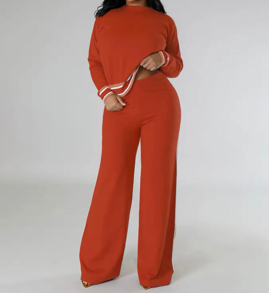 Women Solid Color Striped Patchwork Full Sleeve Two Piece Pant Set