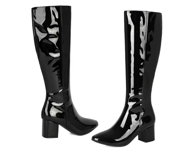 Women Pointed Toe Patent Leather Fashion Knee High Boots