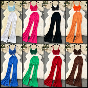 Women Sexy Lace Sleeveless Crop Two Piece Wide Leg Pant Set