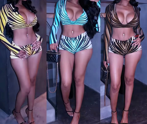 Women Sexy Color Striped Full Sleeve Crop Two Piece Short Set