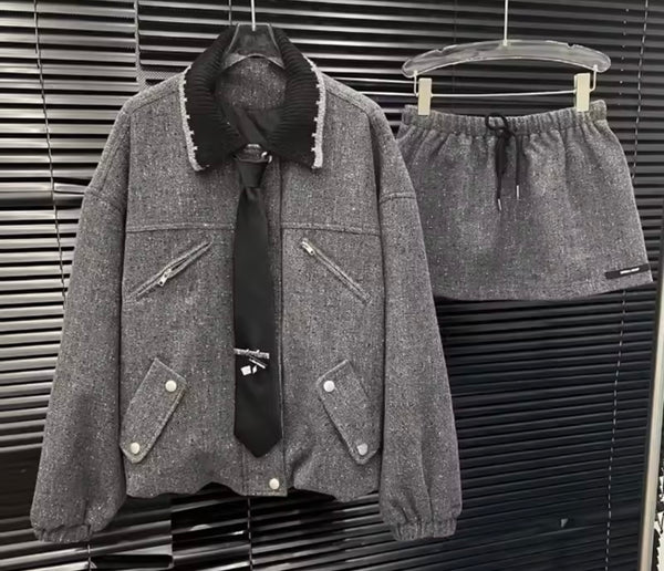 Women Gray Tie Fashion Jacket Two Piece Skirt Set