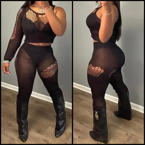 Women Black Fashion Full Sleeve Ripped Two Piece Pant Set
