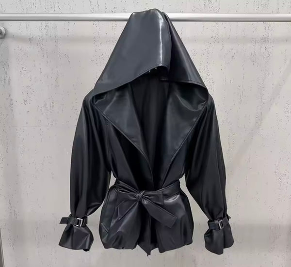 Women Fashion Black Hooded Faux Leather Jacket