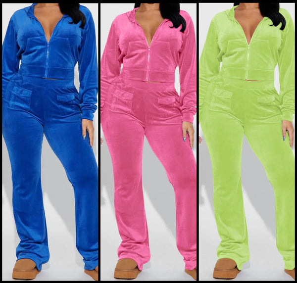 Women Solid Color Hooded Velour Two Piece Tracksuit Pant Set