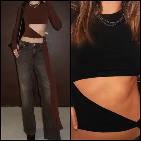 Women Fashion Full Sleeve Cut Out Tie Up Tassel Crop Top