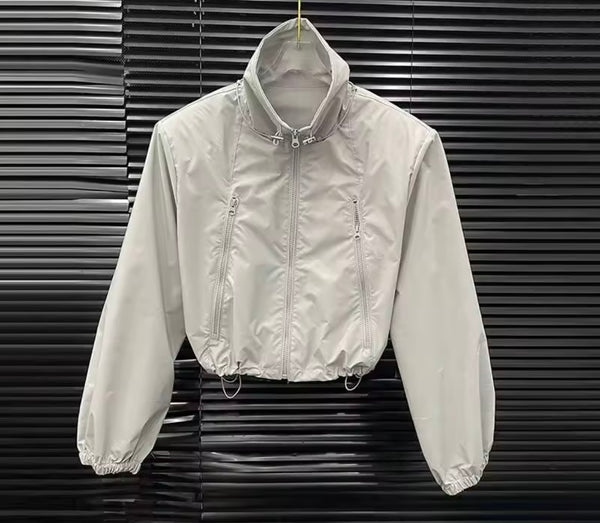 Women Fashion Zip Up Jacket Two Piece Pleated Wrap Pant Set