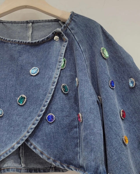 Women Fashion Colorful Gem Denim Jacket